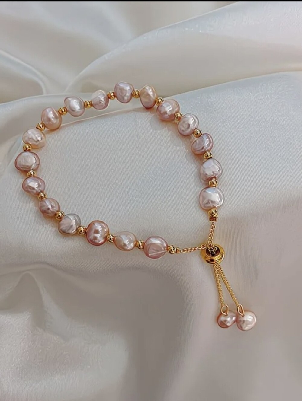Pink Fresh Water Pearl Bracelet with Gold Accents